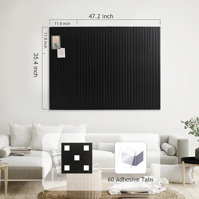 48" x 36" Large Felt Bulletin Board 1/2" Thick, Black | 12 Pack Felt Tiles, Cork Board Alternative, 60 Adhesive Tabs, Pin Board for Home Office Decor with Easy Install