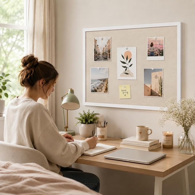 20"x30" White Framed Natural Wood Tone Bulletin Board, Pin Board | Linen corkboard texture. Premium cork boards for walls and pin board office organizer.
