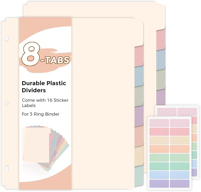 SKYDUE 8-Tab Write&Erase Plastic Dividers for 3 Ring Binder, 2sets | Binder Dividers with Tabs for Letter Size,with Sticker Labels,Divider Organizers for Student, Teacher,Pastels School Supplies