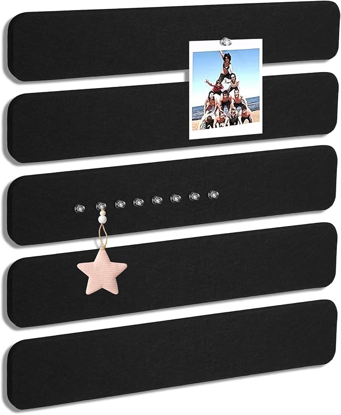 5 Pack Felt Bulletin Board Strips, 13x2 Inch Pin Board, Cork Boards | Self Adhesive, Includes 30 Pushpins, High-Density, Lightweight, for Wall Organiser, Home School Office Decor (Black)