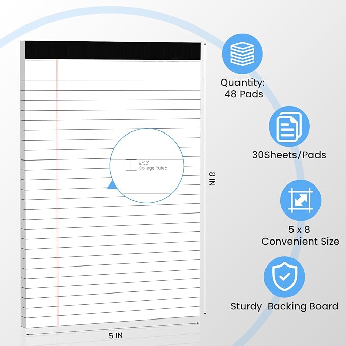 48 Pack Notepads 5x8, White, Small Legal Pads, Perforated Notebook | Ciphyfee College Ruled Note Pads for School, Note Taking, Teacher & Office Supplies, Writing Pads,30 Sheets/Pack