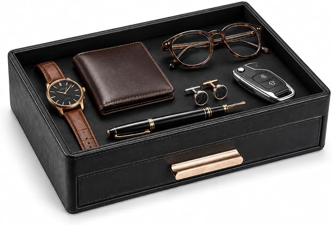 GORESE Leather Valet Tray for Men, Nightstand Organizer with Drawer, Black | Vegan Leather, EDC Desk Organizer Tray for Jewelry Cologne Watch Wallet Key, Catchall Tray for Dresser Entryway Table Bedside