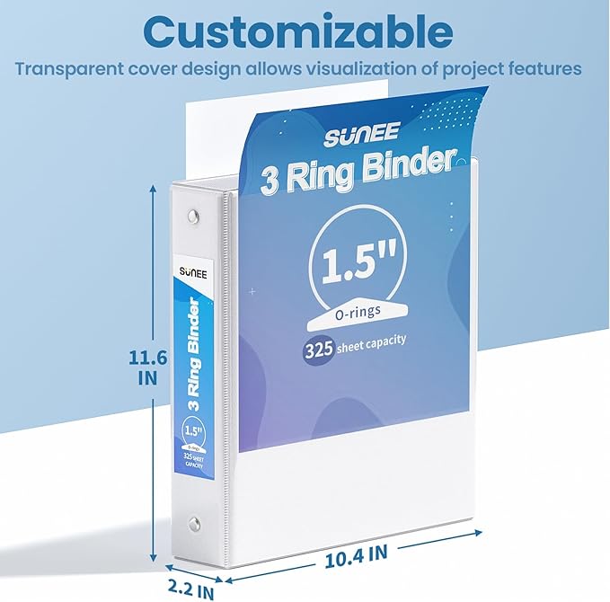 SUNEE 3 Ring Binder 1.5 Inch 2 Pack, Clear View Three Ring PVC-Free (Fit 8.5x11 Inches) for School or Office Supplies, White