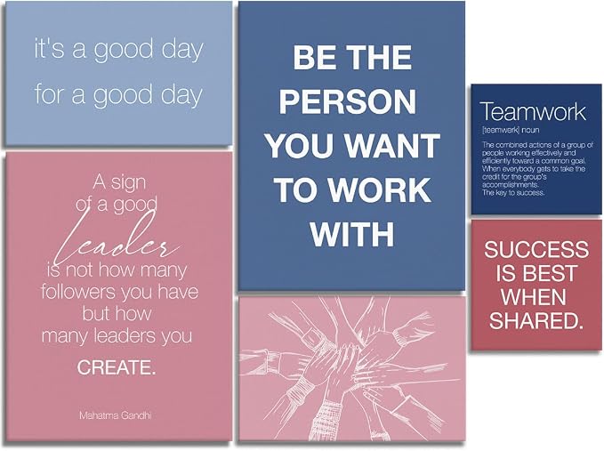 YEOION Inspirational Office Wall Art for Women,Motivational Teamwork Wall Decor for Office,Light Pink and Blue Postive Quote Workplace Canvas Wall Art for Set of 6