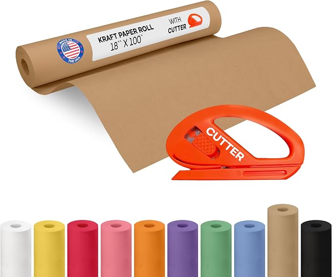 Brown Kraft Paper Roll 18" x 1200" (100 feet) with Cutter - USA-Made Gift Wrapping Paper for Packing, Moving, Shipping & Crafts/Arts - 100% Recyclable Natural Craft Material by IDL Packaging | Gift Wrapping Paper for Packing, Moving, Shipping & Crafts/...