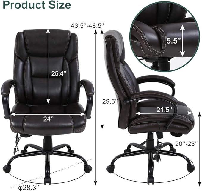 Big and Tall Office Chair 500lb Wide Seat Massage Desk Chair Ergonomic Computer Chair with Headrest Lumbar Support Armrest Rolling Swivel Chair Adjustable PU Leather Task Chair for Adults Women(Brown)
