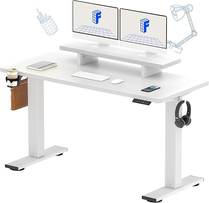 FLEXISPOT Standing Desk with Monitor Stand, 55 x 24 Inches One-Piece Electric Height Adjustable Computer Desk with Cup Holder for Home Office, White