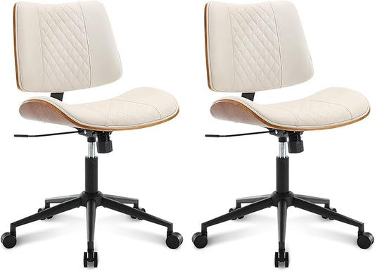 Home Office Chair No Arms with Wheels, Adjustable Height Small Desk Chair, PU Leather Mid Back 360 Swivel Computer Chair, Armless Modern Walnut Chair for Office, Reading Meeting Room(Beige)
