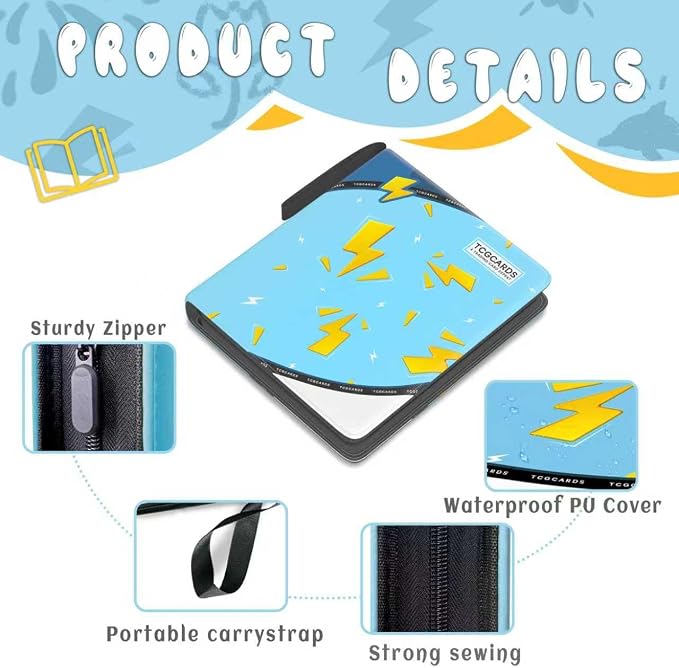 Trading Card Binder 4 Pocket, Card Binder 400 Pockels Card Book Holder Cards with 50 Removable Sleeves, 3-RingZip Design MTG/TCG/Sport Collectible Trading Card Albums Gifls for Boys and Girls (Blue)