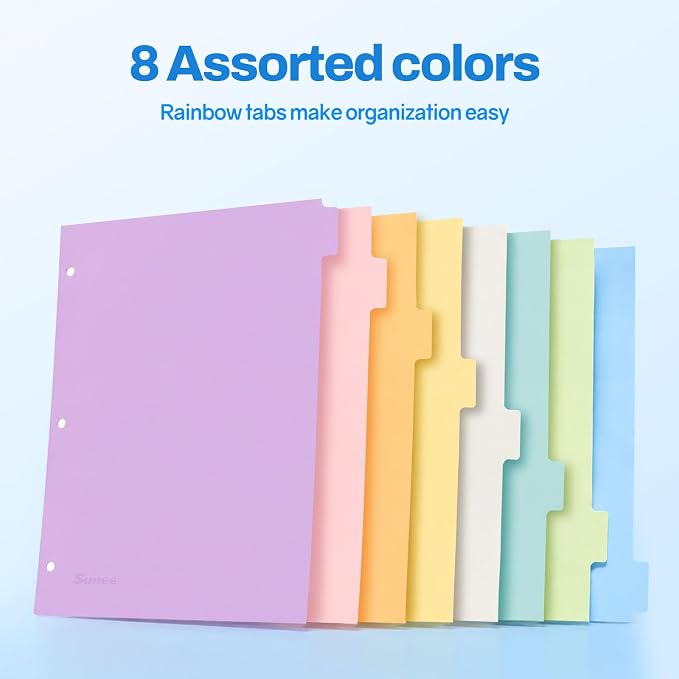 SUNEE 8 Tab Binder Dividers,Plastic Dividers for 3 Ring Binder,3 Ring Binder Dividers with Tabs for School Office Home Supplies,Soft Color, 3 Set
