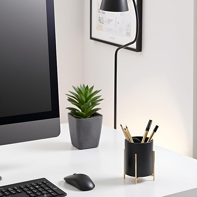 Sturdy Pen Holder Simple and elegant for Desk Matte Pencil Holder Ceramic Cute Desktop Organizer Brush Holder Cup (Black and Gold Plated)