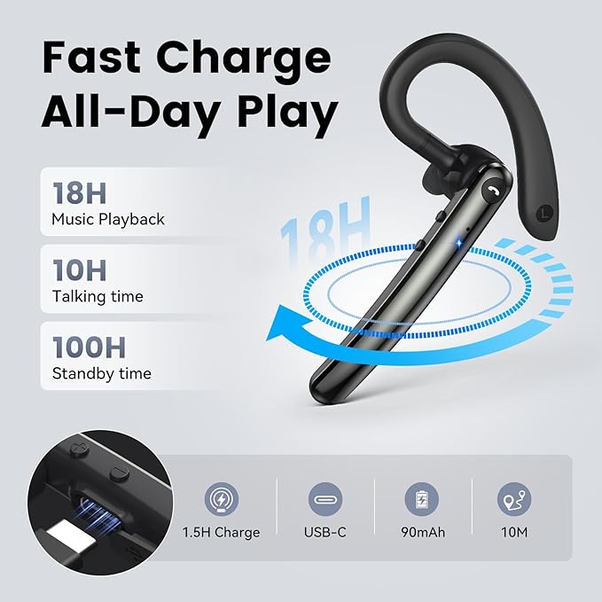Bluetooth Headset, Wireless Bluetooth 5.4 Earpiece with 10Hrs Hands Free Talk Time, Single-Ear Headset with Noise Canceling Mic, Dual Pairing Headphones for Business/Office/Driving/Trucker/Android/iOS