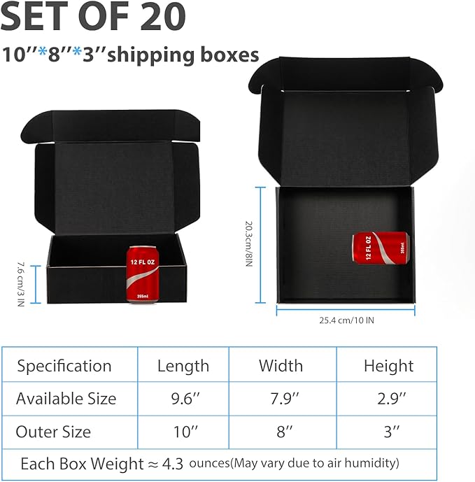 Small Shipping Boxes 10x8x3 Inches – Black Corrugated Cardboard Boxes (20-Pack) for Mailing, Packing, Small Business & Gift Packaging - Recyclable & Sturdy