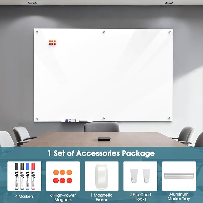 MaxGear 72" x 48" Glass Whiteboard Wall Mounted for Office Home Classroom | Magnetic Glass Dry Erase Board, Tempered Glass, Steel Backed, Non-Porous Surface, Frameless Design, Hardware Included