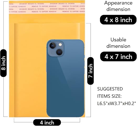 Fuxury Kraft Bubble Mailers 4x8" 50 Pack Padded Envelopes Usable Size 4x7 | Strong Adhesion Small Bubble Envelopes Waterproof Cushioned Padded Mailers Packaging for Small Business #000 Yellow