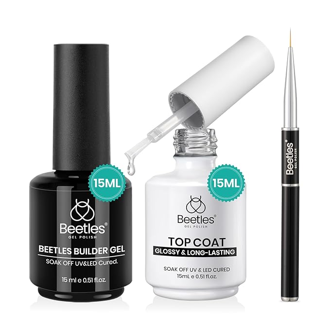 Beetles Builder Gel and Extra Glossy Top Coat No Wipe for Nails with Nail Brush, 15ml Low Heat Hypoallergenic Clear 7 in 1 Builder High Shine Long Lasting Top Coat Gel Nail Polish