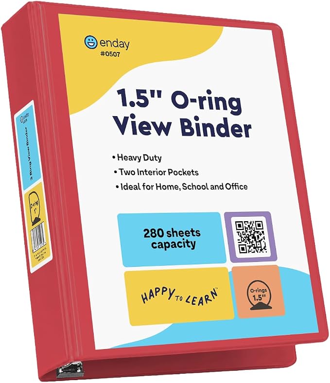 Enday 3 Ring Binder 1.5 Inch, Red Heavy Duty Three Ring Binder, 325 Sheets Capacity - 1.5 Inch Binder for Home School and Office