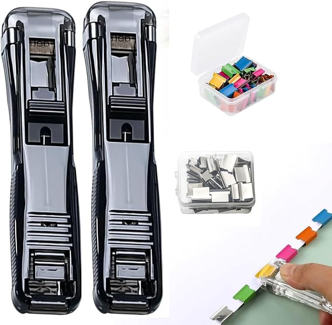 2 Pcs Portable Binder Clip Stapler, Handheld Paper Clam Clip Dispenser | Push Clips for Paper with 100 Refill Clips, Mini Handheld Push Stapler Clamps for Fixing Documents, School, Office