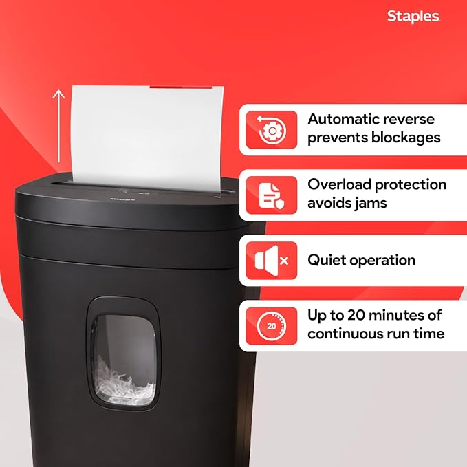 Staples 12-Sheet Micro-Cut Paper Shredder, High-Security, Anti-Jam, Black | Shreds credit cards and documents for home or office. Jam-resistant micro-cut design.