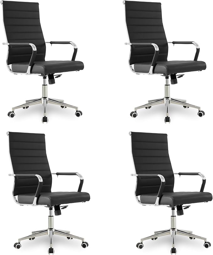 Okeysen Office Desk Chair, Ergonomic Leather Modern Conference Room Chairs, Executive Ribbed Height Adjustable Swivel Rolling Chair for Home Office Set of 4. (Black)