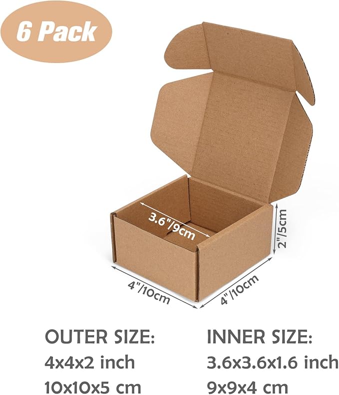 4x4x2 Shipping Boxes Set of 6, Small Cardboard Boxes for Packaging, Brown Mailing for Small Business