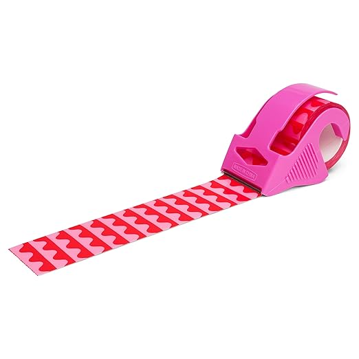 Decorative Packing Tape with Pink Dispenser – Pink & Red Wavy Pattern, 1.88" x 22.2 Yards – Cute Printed Shipping Tape for Gifts, Small Business Essentials, and Mailers