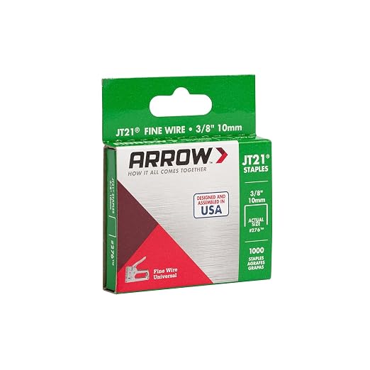 Arrow 276 JT21 Thin Wire Staples for Staple Guns and Staplers, 1000 Count | 3/8" Leg Length, 7/16" Crown Width, Heavy-Duty Galvanized Steel, Use for Upholstery, Crafts, General Repairs