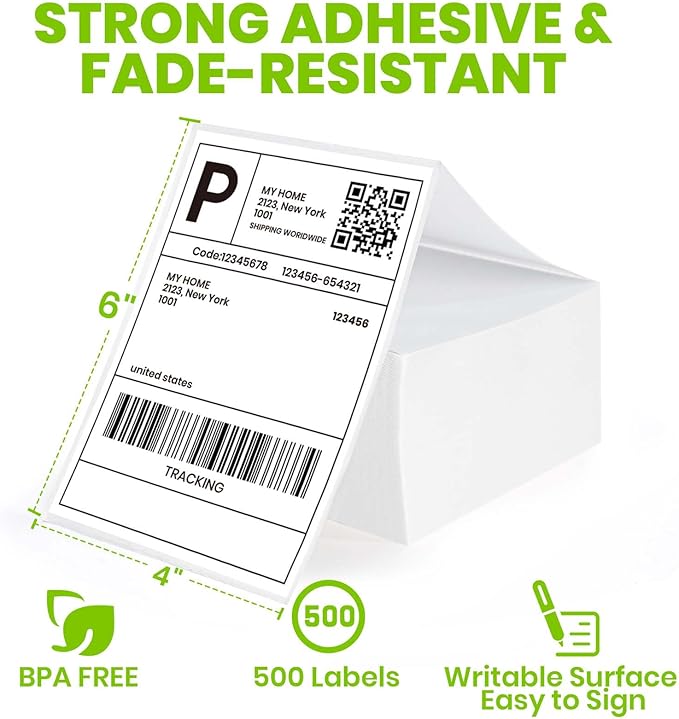 ADHES 4x6 Thermal Shipping Labels 500Fanfold – Top-coated, BPA/BPS Free, Strong Adhesive Thermal Label Printer Paper, 4x6 Shipping Labels for Mailing and Packaging