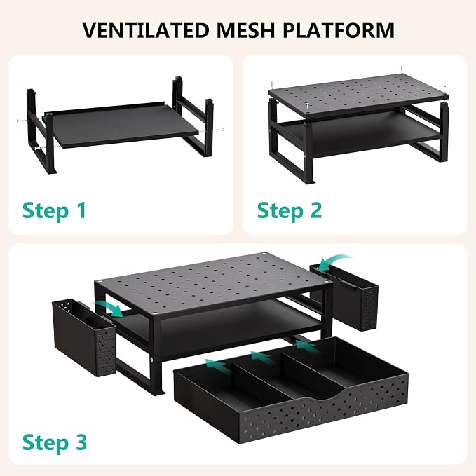 WALI Monitor Stand Riser with Drawer and 2 Pen Holders | Desk Organizers and Accessories for Computer, Printer, Laptop Stand for Home Office Supplies, (PTT004-B), 1 Pack, Black