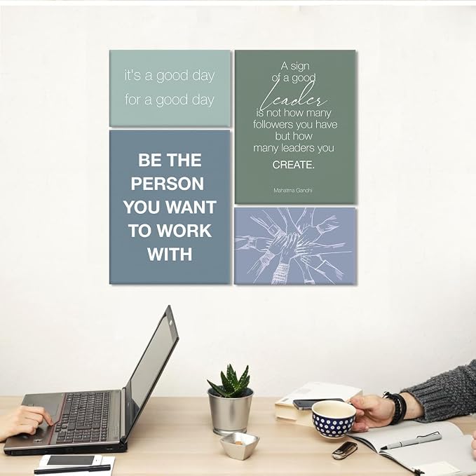 YEOION Inspirational Office Wall Art for Women,Motivational Teamwork Wall Decor for Office,Light Bule and Green Postive Quote Workplace Canvas Wall Art for Set of 6