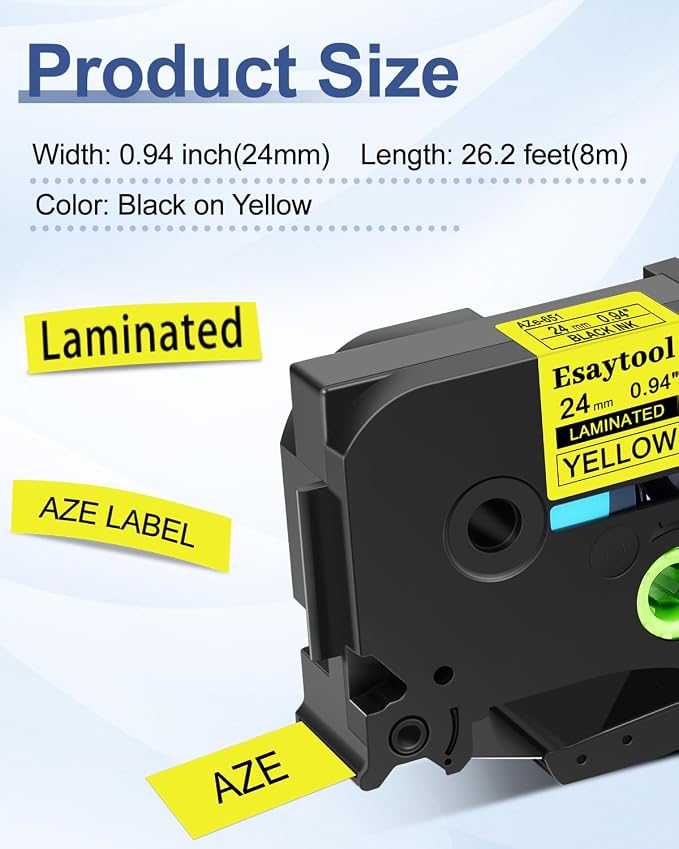 5 Pack Compatible with P-Touch TZe-651 AZE-651 TZ-651 Black on Yellow 24mm 0.94'' Laminated Label Tape Replacement for Ptouch PT-D600 PT-E500 PT-H500 PT-P710BT PT-1400 PT-9200DX Label Maker