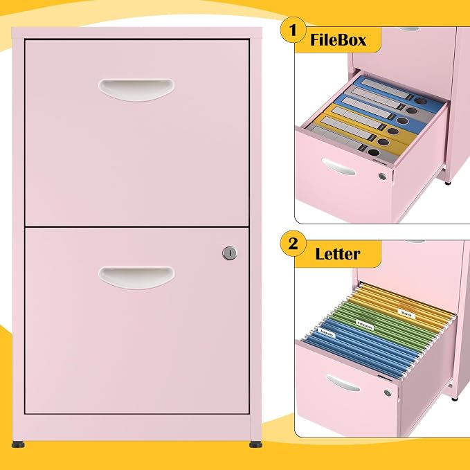 SteeLoong 2 Drawer File Cabinets,Metal Office File Cabinet with Lock,Pink | Filing Cabinets for Home Office,Vertical Modern File Cabinet Office Two Drawers for Hanging Letter,Assembly Required