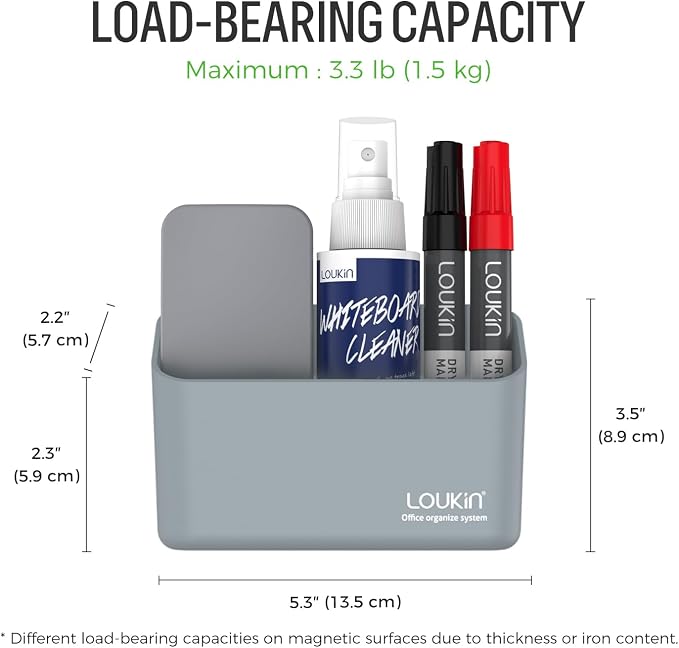 loukin Magnetic & Adhesive Marker Holder, Whiteboard Accessory Tray, Grey | 5.3" × 2.2", Holds 1 Eraser and 8 Markers, Supports up to 3.3 lb, 2 Mounting Options, Fits Glass and Refrigerators