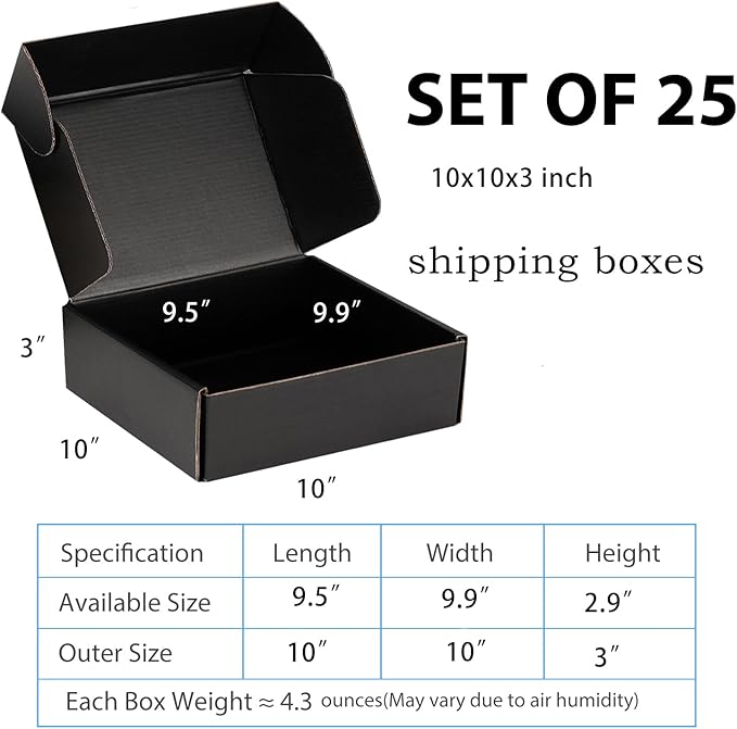 Small Shipping Boxes 10x10x3 Inch (25 Pack) - Sturdy Black Corrugated Cardboard Boxes for Small Business, Ecommerce, Mailing & Packaging | Recyclable Gift & Storage Boxes