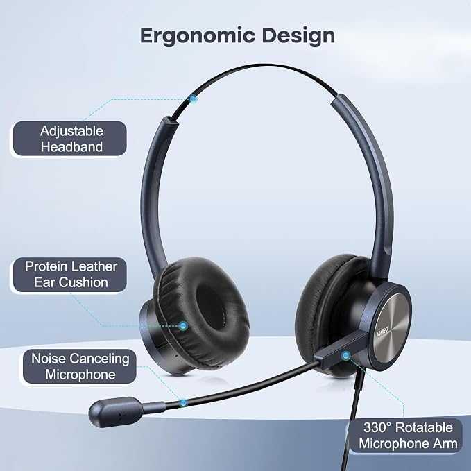 MAIRDI Telephone Headset with Microphone Noise Canceling, Binaural with RJ9 Jack & 3.5mm Connector for Office Call Center Deskphone Cell Phone PC Laptop, Work for Cisco 7941 7965 6941 7861 8811 8961