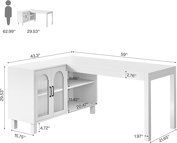 Tribesigns L-Shaped Desk with File Cabinet, 59-Inch Executive Office Desk with Storage Shelves, Wooden Study Writing Desk Farmhouse Corner Computer Desk for Home Office, White