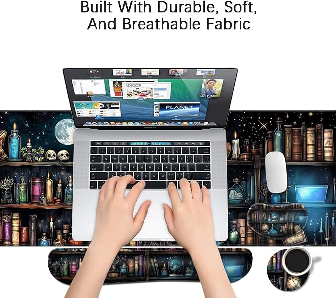 MIBITRI Keyboard Mouse Pad Set, Extended Gaming Mouse Pad+Ergonomics Keyboard Wrist Rest Support, Memory Foam, Easy Typing Pain Relief, 4Pcs XXL Ultra Thick Desk Mat, Enchanted Bookshelf