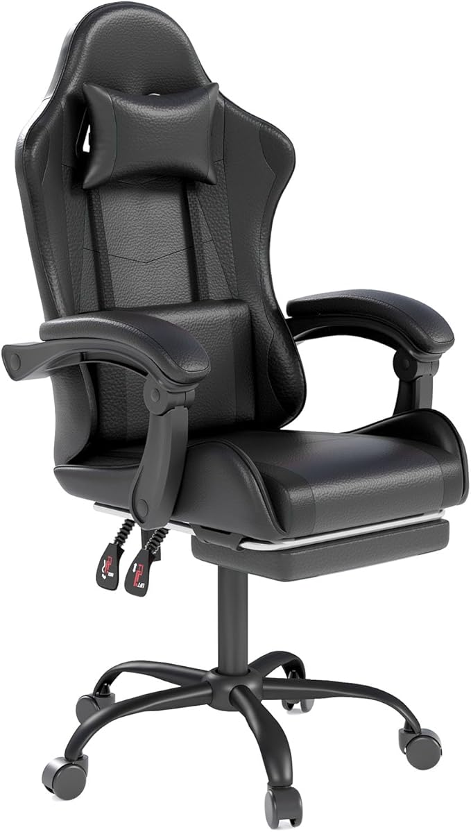 Gaming Chair with Headrest and Lumbar Support, Ergonomic High Back Office Chair, Racing Style Executive Computer Desk Chair, Leather Adjustable Swivel Task Chair for Home Office (Black)