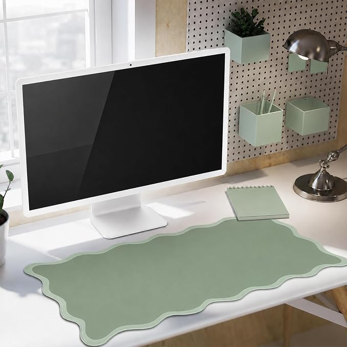 Hahafelt Scalloped Desk Mat Waterproof,Antique Green,31.5 X 15.8 Inches | Coquette Preppy Style for School Office Makeup Vanity, Nonslip Gaming Desktop Protector with Scalloped Stitched Edge Mat