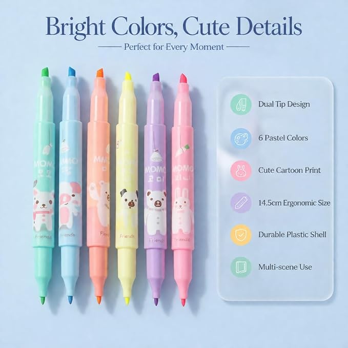 Double-Ended Highlighters Set 6 Pack, Bible Safe Gel Markers, Quick Dry, 6 Bright Colors for Journaling, Note Taking, Office Supplies