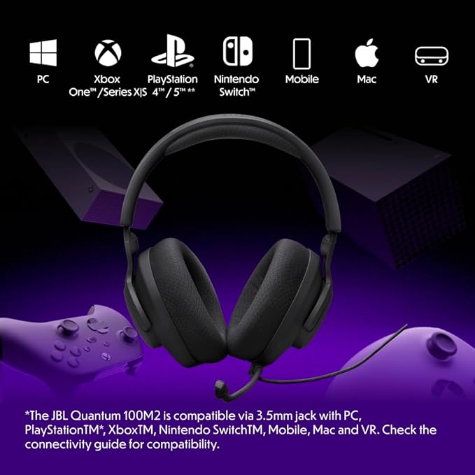 JBL Quantum 100M2 - Wired Over-Ear Gaming Headset with omnidirectional, Detachable mic with Mute Option and Fabric-Covered Memory Foam Ear Cushions, Compatible with All Platforms (Black)