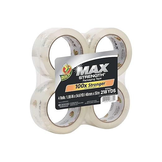 Duck Max Strength Clear Packing Tape Refills – 4 Rolls of Maximum Strength Heavy Duty Packaging Tape for Shipping & Moving Boxes - 3" Core - 1.88 Inch x 54.6 Yards - Clear (241511)