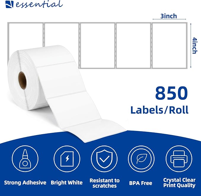 ESSENTIAL 4" x 3" White Direct Thermal Labels for Barcodes, Address | Permanent Adhesive, Shipping Labels, Compatible with Zebra, Rollo and Other Desktop Printers, 850 Labels of Roll, 1 Rolls