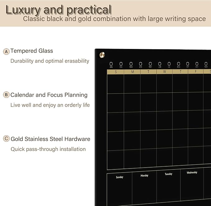 Black Glass 3-1 Monthly Dry Erase Calendar Whiteboard for Wall,24"x 36",Frameless Mounting,Office/School/Home, Frameless Large Planner White Board
