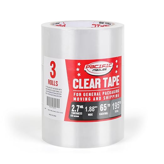 Pacific Mailer Packing Tape, 1.88 inch Wide x 65 Yards Per Roll, Clear, 2.7MIL Thickness Heavy Duty Packaging Tape Carton Tape for Shipping, Moving, Sealing [Pack of 3 Rolls]