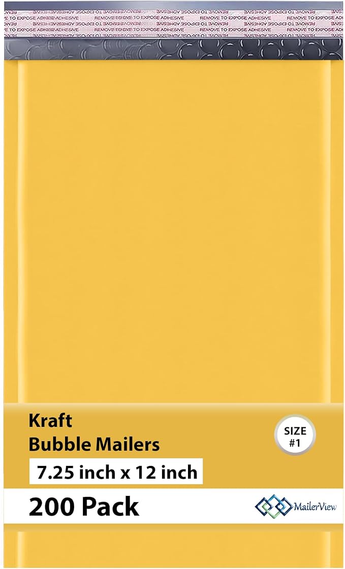 Kraft Bubble Mailers 7.25x12, Self Seal Padded Envelopes #1, 200 Pack Bulk | Fits Comics, Photos & Cards, No Tape Needed, Cushioned Protection, Tear-Resistant Yellow Kraft, Made in USA