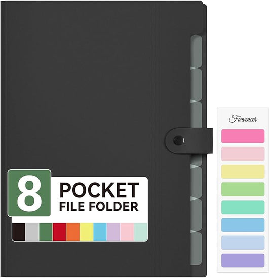 Forvencer Expanding File Folder 8 Pocket, Accordion File Organizer, Letter | Portable Folders for Documents, Cute Paper Organizer, Filling Products for School Office Supplies, A4 Size, Black