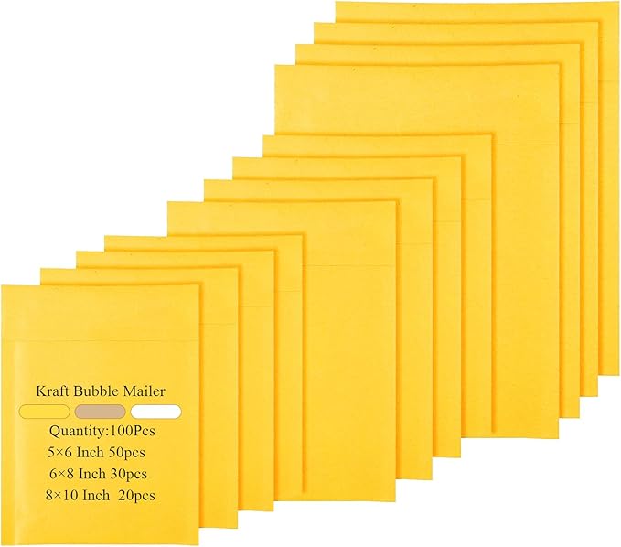 100 Pcs Kraft Bubble Mailers 3 Size Padded Envelopes Kraft Poly Mailers Bubble Lined Shipping Envelopes Mail Shipping Bags for CDs Book Business Supplies (Yellow)