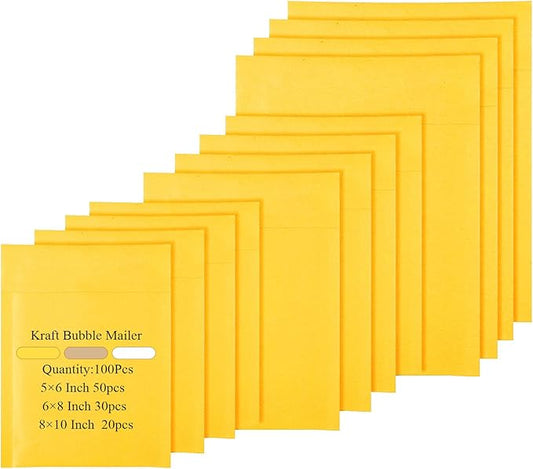 100 Pcs Kraft Bubble Mailers 3 Size Padded Envelopes Kraft Poly Mailers Bubble Lined Shipping Envelopes Mail Shipping Bags for CDs Book Business Supplies (Yellow)