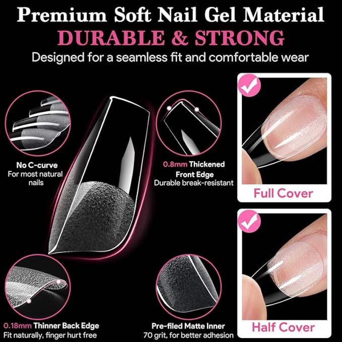 Medium Coffin False Nail Tips, 15 Sizes 510 PCS Clear Soft Press On Fake Nail Pre-shaped Half Matte Full Cover Gel Nail Tip Extensions Strong Thick Long Lasting for DIY Beginners & Salon Manicure